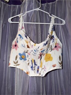 Cider White Floral Cropped Bustier Tank with Multicolor Blooms